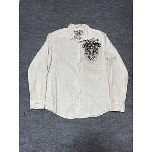 Raw State Mens XXL Gothic Cross Graphic Button Down Shirt Off White Y2K Cotton